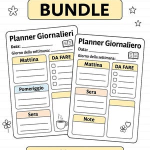 Può includere: Un pacchetto di planner in bianco e nero con il testo "PLANNER BUNDLE". Il pacchetto include fogli di pianificazione giornaliera con sezioni per "Mattina", "Pomeriggio", "Sera" e "DA FARE". Sono inclusi elementi decorativi floreali e a stella.
