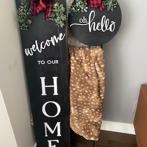 Rustic Welcome Porch Sign with Door Hanger: Black Wood, Outdoor Decor