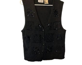 Vintage Kathie Lee Womens Black Embellished Button Front Knit Vest Whimsigoth