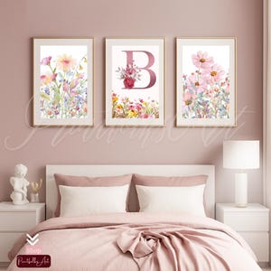 Floral Monogram Wall Art Set | Pink Alphabet Letter Print | Girl Bedroom Digital Download | Custom Name Art