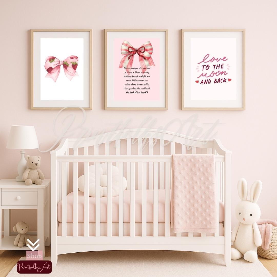 Pink Bow Nursery Art Set: Blush Baby Girl Room Decor (digital Download ...