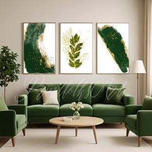 Green Botanical Wall Art Set | Gold Leaf Printable Decor | Modern Minimalist Plant Print | Digital Download | Abstract Nature Art