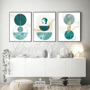 Modern Abstract Geometric Wall Art Set of 3 | Teal Gold Digital Prints | Minimalist Printable Wall Decor | Instant Download Art