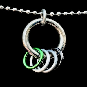 Op de afbeelding: Een zilverkleurige metalen ring met vier kleinere ringen in groen, wit, grijs en zwart. De grote ring hangt aan een kogelketting tegen een zwarte achtergrond. De ringen zijn waarschijnlijk voor een sleutelhanger of sieraad.