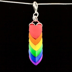Op de afbeelding: Een regenboogkleurige hartvormige hanger, hangend aan een zilveren ketting. De hanger heeft hartvormige metalen stukken in rood, oranje, geel, groen, blauw en paars. De achtergrond is zwart.