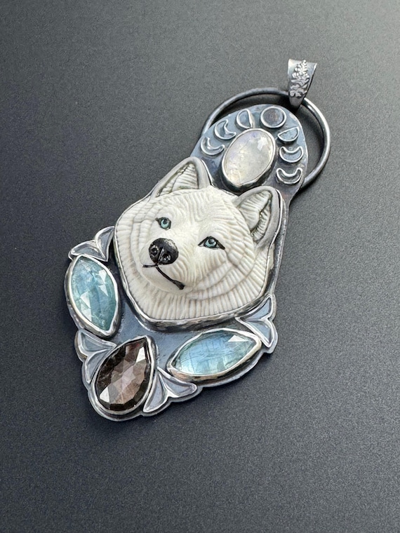 White Wolf Amulet with moonstone and kyanite