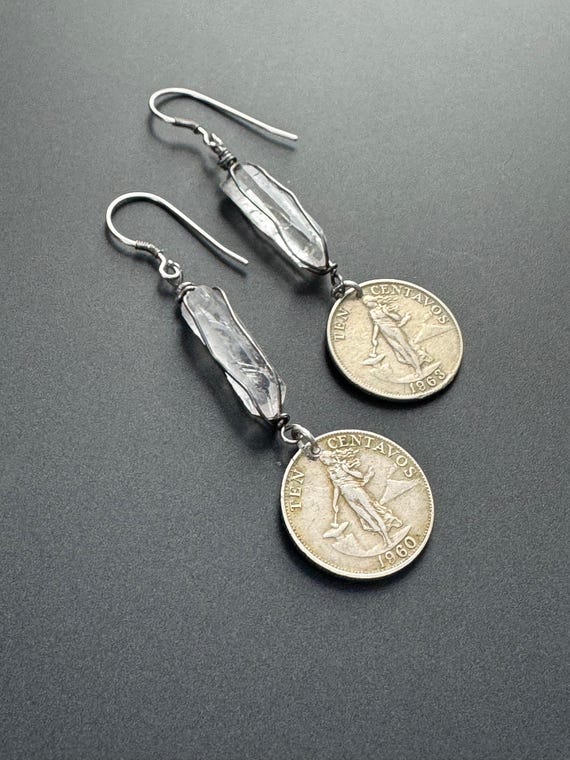 Coin earrings with quartz crystal