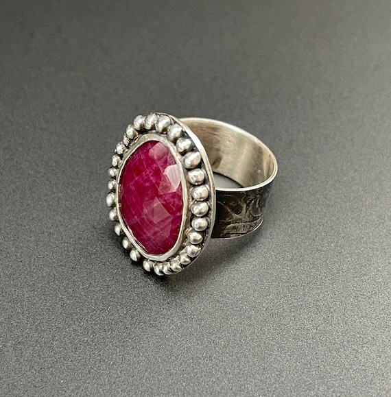Red Sapphire ring with silver granules