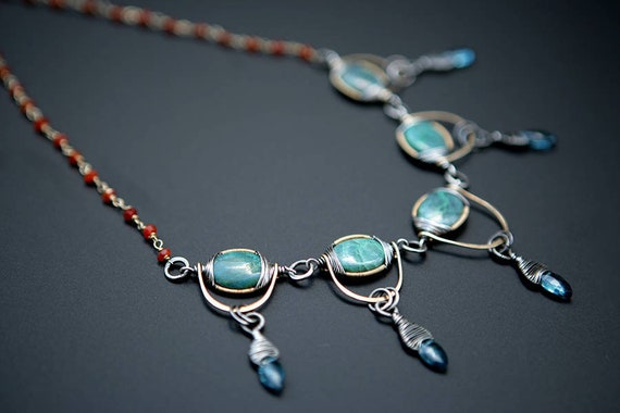 Amazonite and apatite wire wrapped necklace