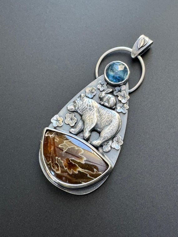 Reserved for Janice: Buttercup and the bear pendant with suture ammonite