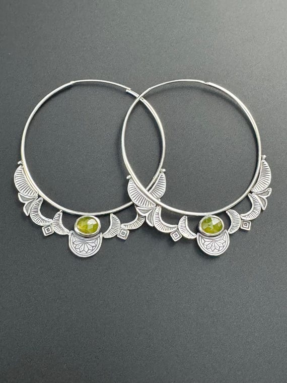 Stamped hoop earrings with vesuvianite