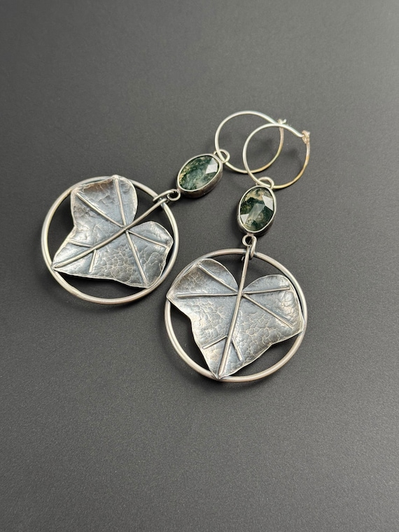 Hand fabricated Ivy leaf earrings with moss agate