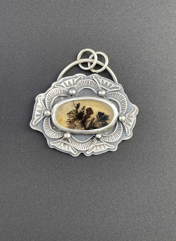 Dendritic agate pendant with stamped accents