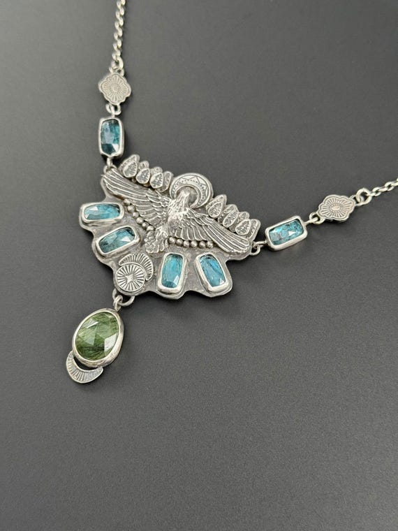 Silver raven with kyanite and moss agate necklace