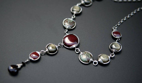 Sheen obsidian and jasper wire wrapped necklace