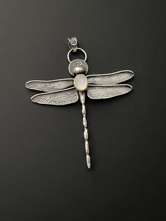 Hand forged dragonfly with moonstone pendant