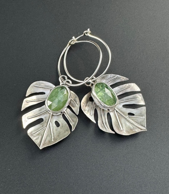 Handmade monstera leaves with green kyanite w/handmade hoops