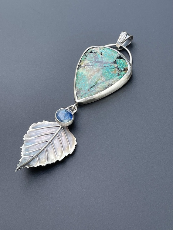 Chrysocolla pendant with hand forged leaf and kyanite