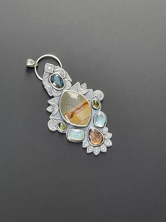 Cripple creek jasper with kyanite, aquamarine, smokey quartz pendant