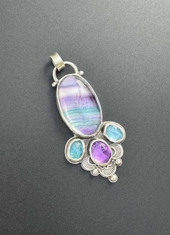 Fluorite, amethyst and kyanite pendant