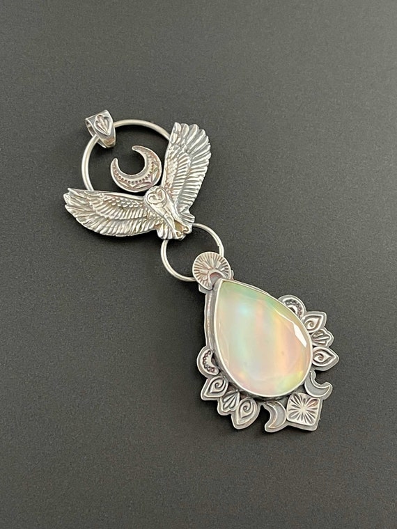 Silver Soaring owl with aurora opal pendant