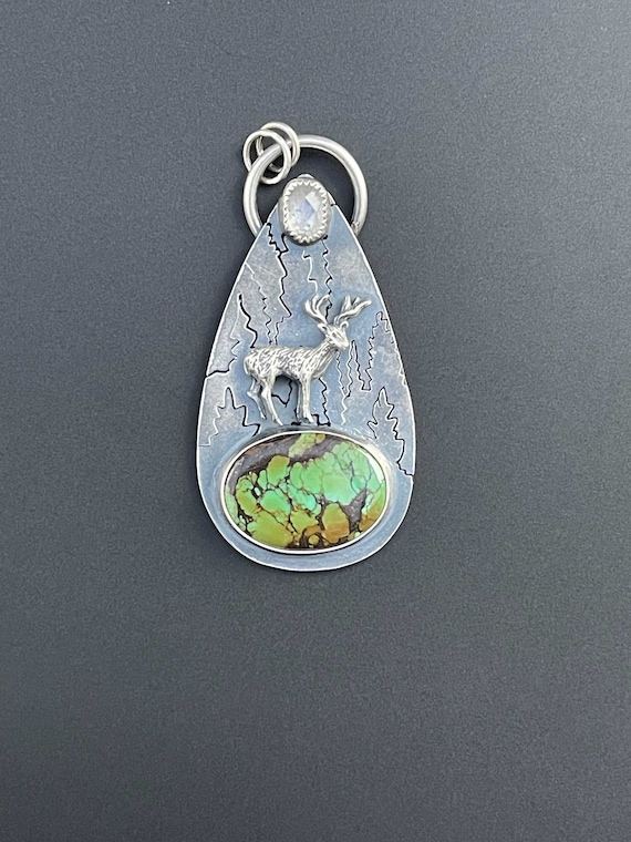 Silver Deer pendant with turquoise and moonstone