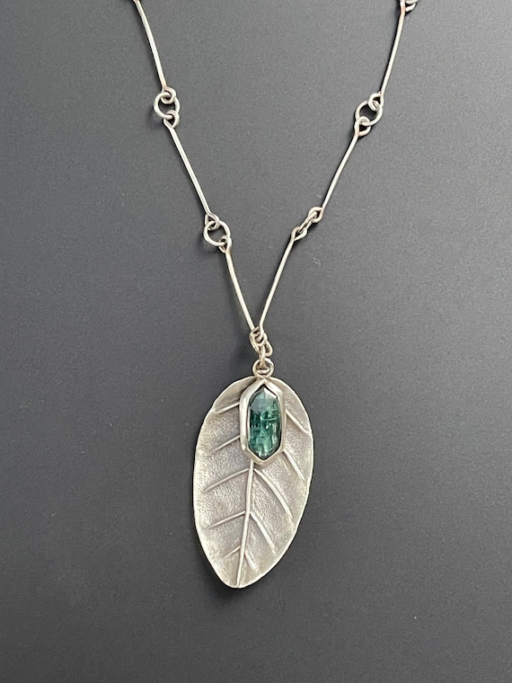Hand forged sage leaf with green kyanite and handmade chain