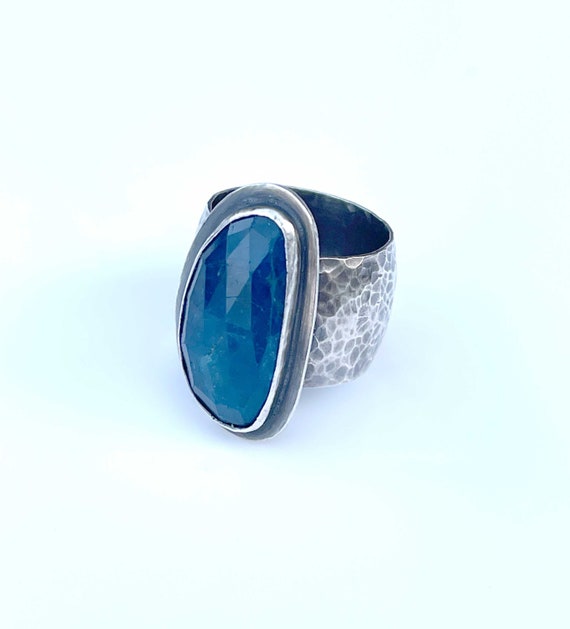 Blue Apatite and silver wide band ring