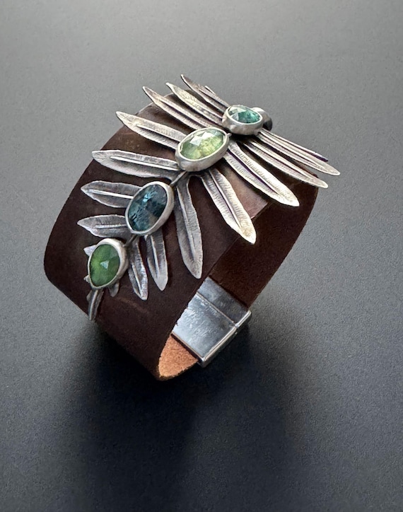 Hand forged fern on leather cuff with kyanite