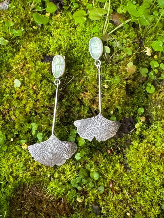 Hand fabricated ginkgo leaf earrings with green kyanite