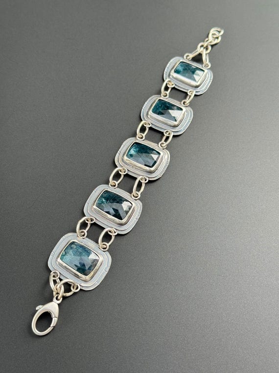 Teal moss kyanite and silver bracelet