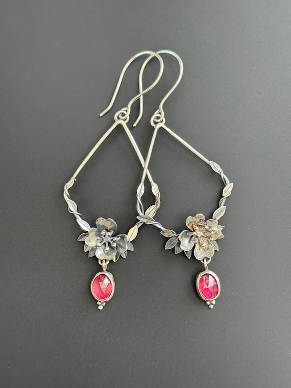 Handmade dogwood blossom earrings with pink sapphires