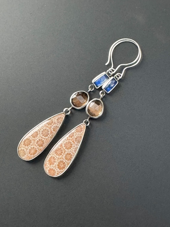 Kyanite with fossilized coral and smokey quartz earrings