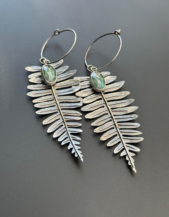 Hand Forged fern earrings with mint green kyanite