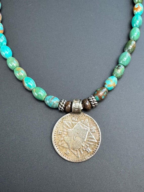 Turquoise beads with old coin necklace