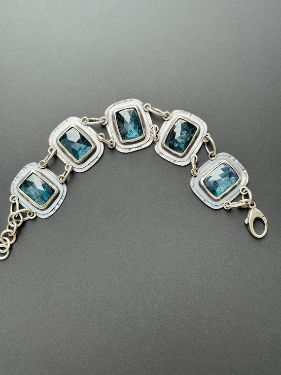 Teal moss kyanite and silver bracelet