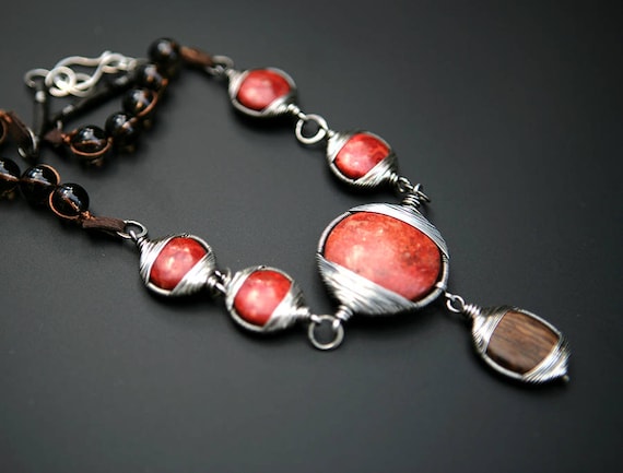 Wire wrapped coral and smokey quartz necklace