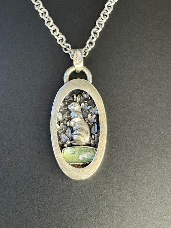 Rabbit shadow box pendant with kyanite and handmade chain