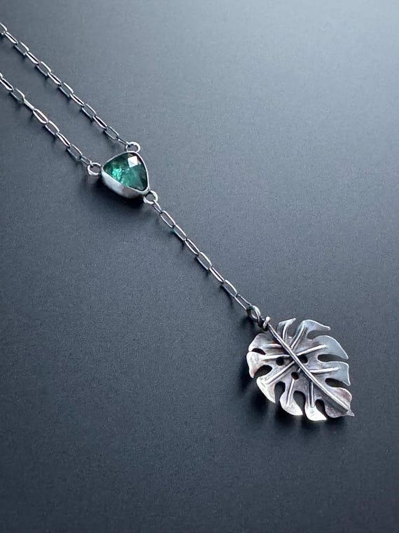 Hand forged monstera leaf Y pendant with green kyanite