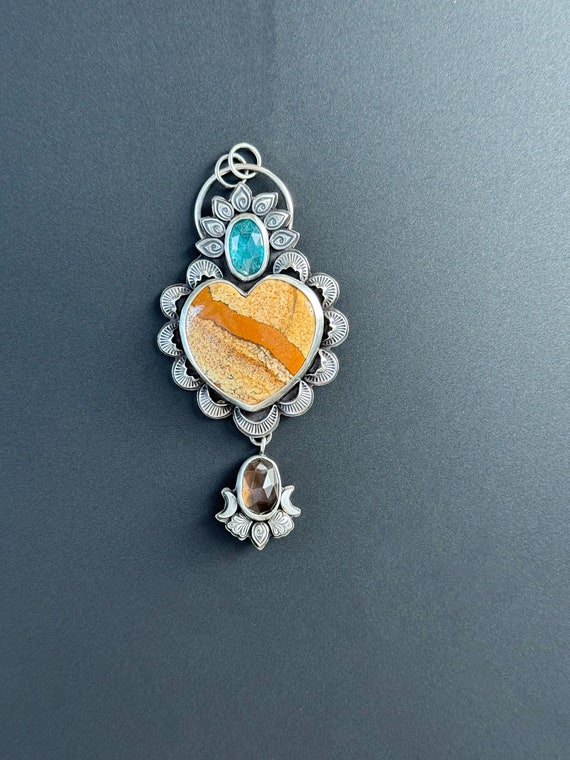 Jasper healing heart pendant with stamped accents