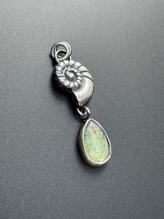 Silver nautilus pendant with green kyanite