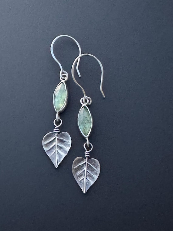 Hand Fabricated leaf earrings with green kyanite