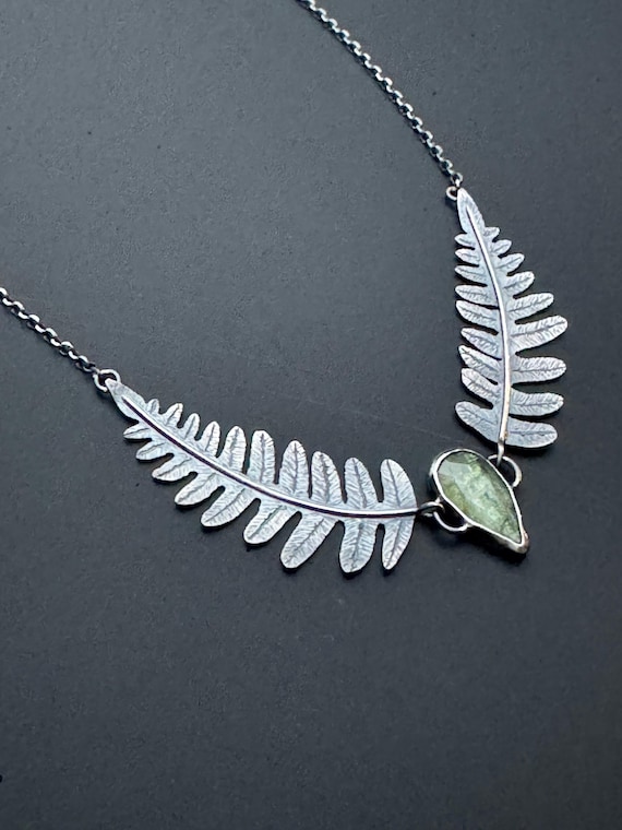 Hand forged ferns necklace with dark green kyanite