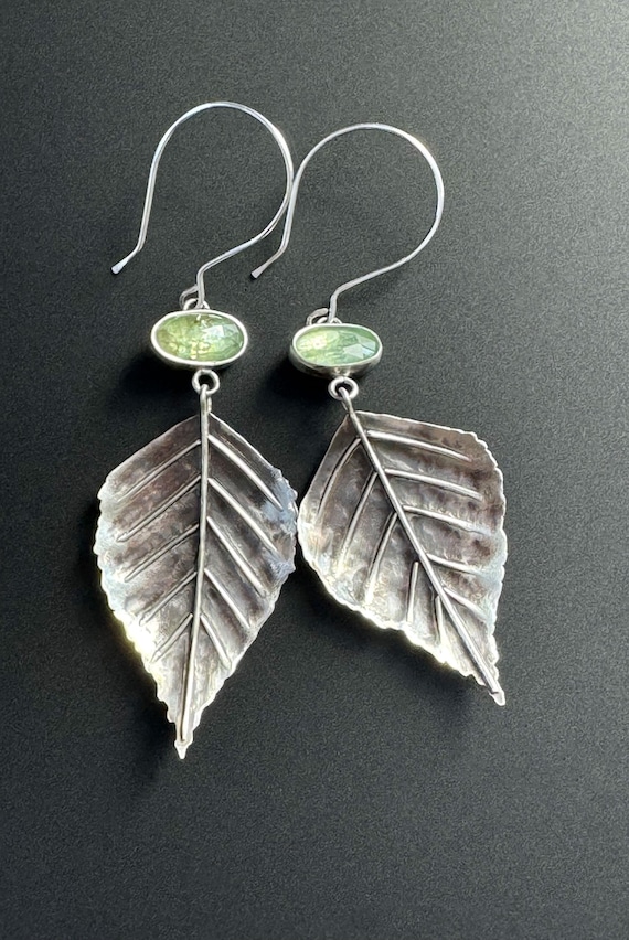 Hand Forged birch leaf earrings with green kyanite