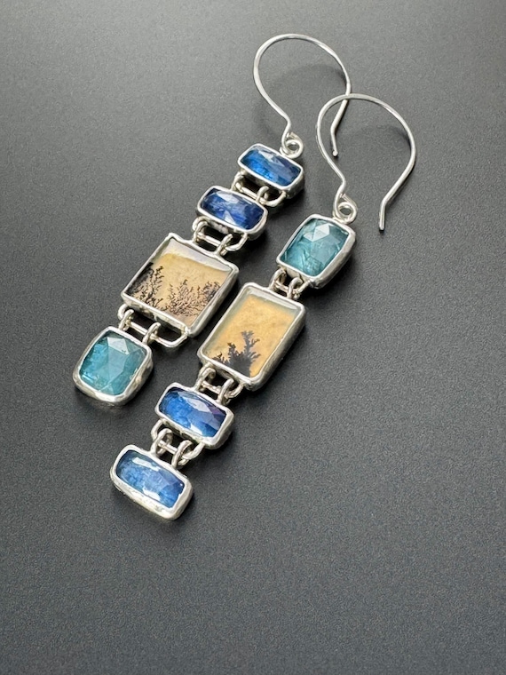 Dendritic agate with blue and paraiba kyanite earrings