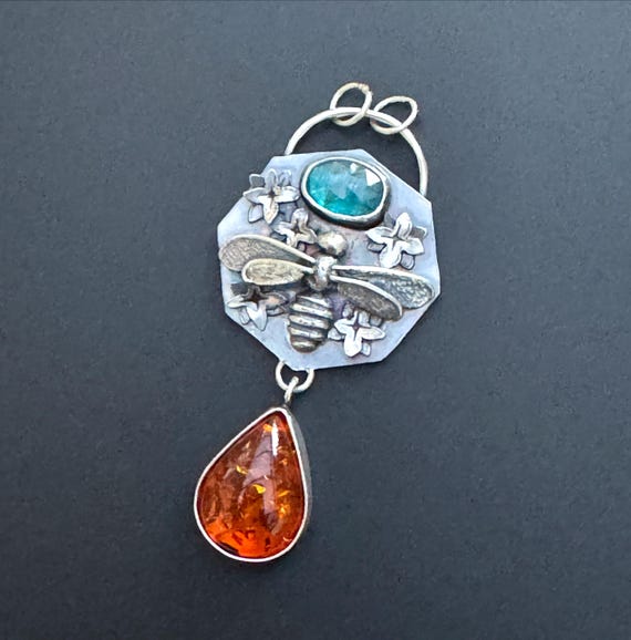 Handmade Bee pendant with amber and kyanite