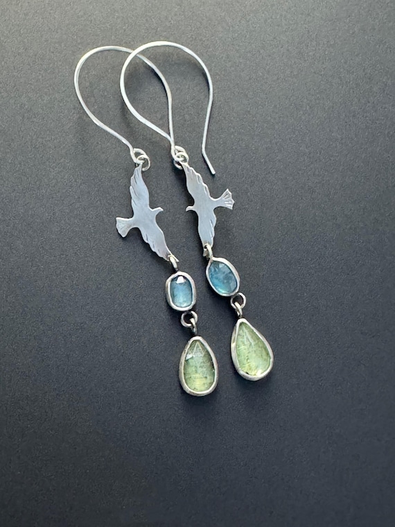 Eagle earrings with blue and green kyanite