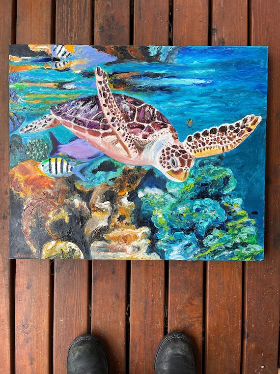 Sea turtle oil finger painting - 24 x 30 inch