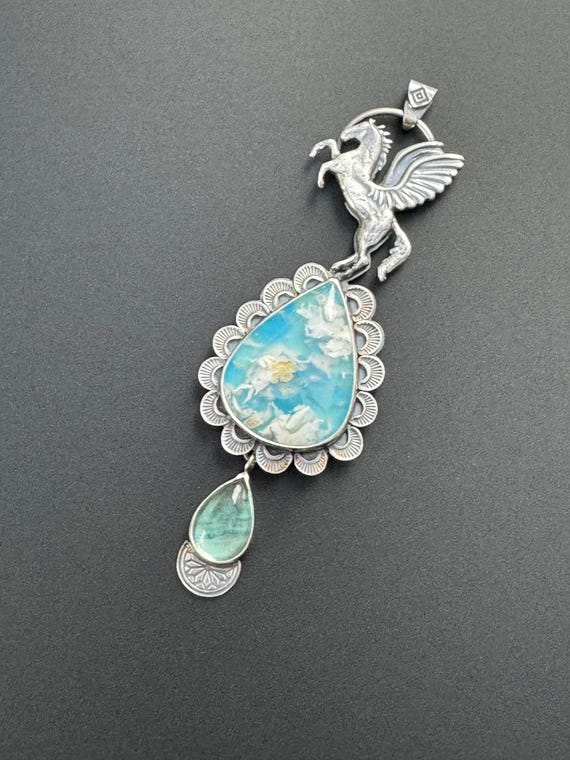 Pegasus pendant with plume agate and fluorite