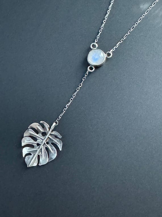Hand forged monstera leaf Y pendant with moonstone